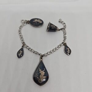 Vintage Siam Sterling Silver Niello Dancing Ladies Bell Charm Bracelet 7.5in